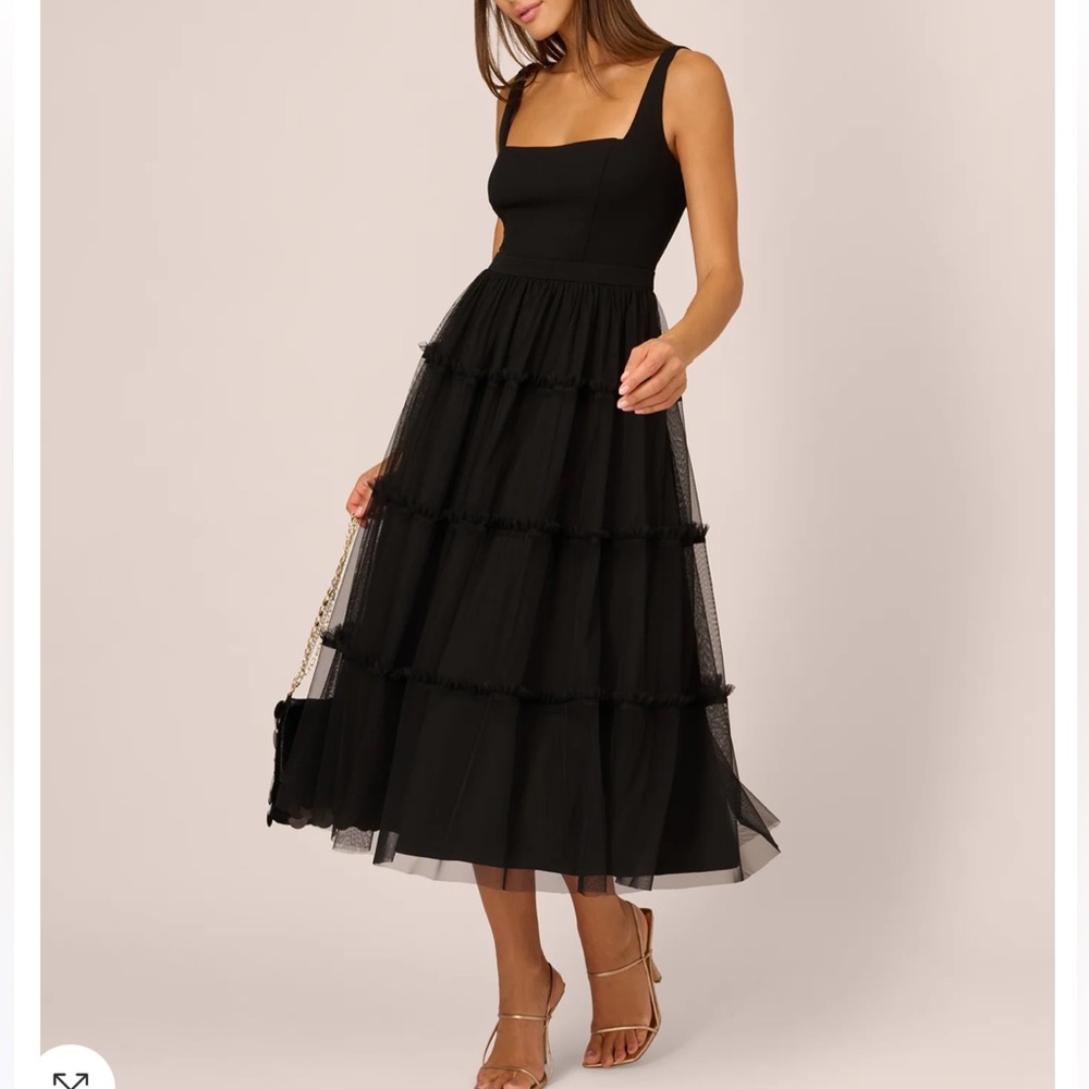 NWT Adrianna Papell Sleeveless Midi Dress with Square Neck & Tiered Skirt/Black